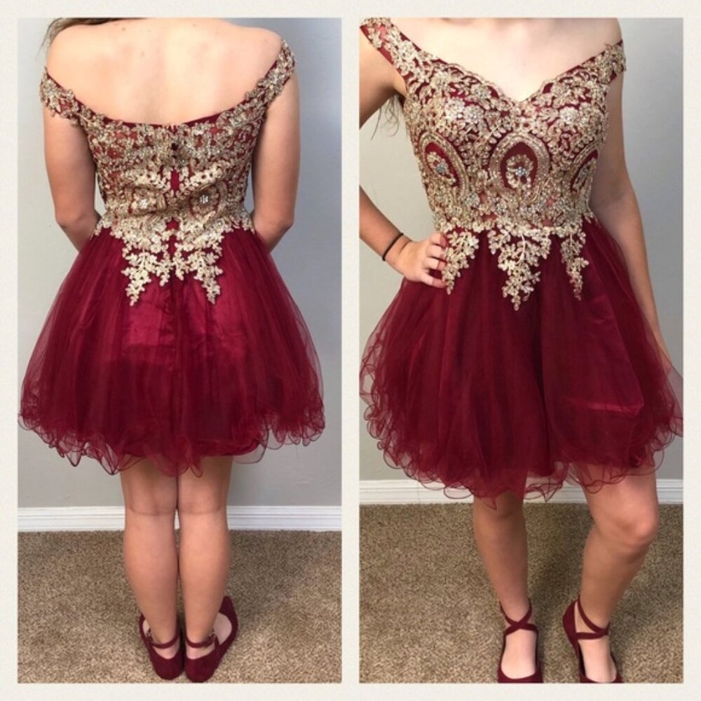 Clear Out‼️Off Shoulder Burgundy & Gold Dress